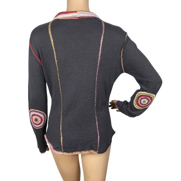 Vtg Y2K Relais Gray Colorful Crochet Stitch Elbow Patch Cardigan SZ M - Picture 7 of 9